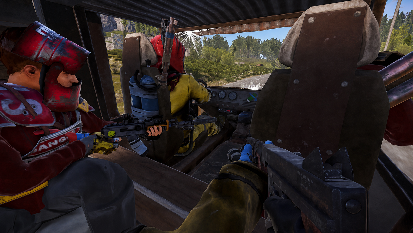 Rust players riding together during a community session